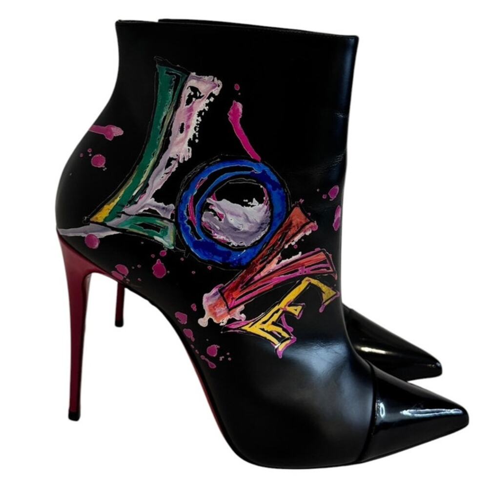 Christian Louboutin Black Leather Love Is in a Boot Graphic Ankle Boots 37.5